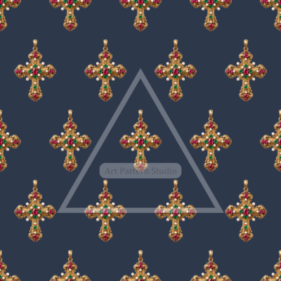 Ornate Jeweled Cross Seamless Pattern - Slate Blue