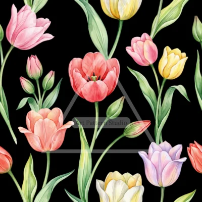 Tulip Watercolor Seamless Pattern - Black