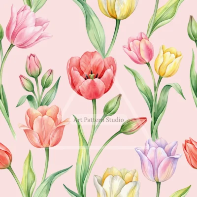 Multicolor watercolor tulips with green leaves on a blush pink background, seamless floral pattern