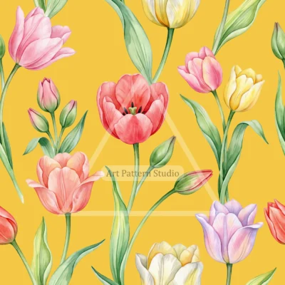 Multicolor watercolor tulips with green leaves on a golden yellow background, seamless floral pattern