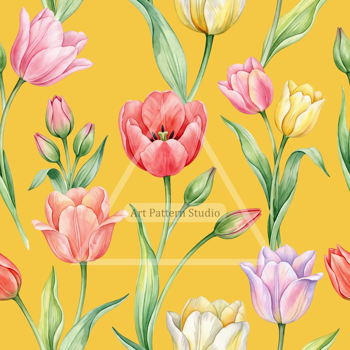Multicolor watercolor tulips with green leaves on a golden yellow background, seamless floral pattern