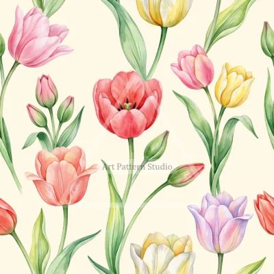 Multicolor watercolor tulips with green leaves on a ivory background, seamless floral pattern