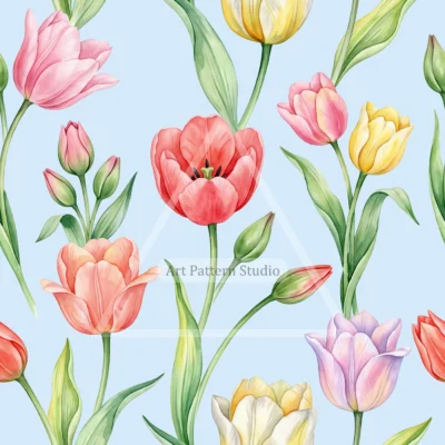 Multicolor watercolor tulips with green leaves on a light blue background, seamless floral pattern