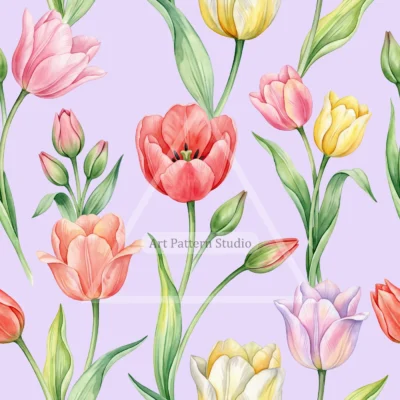 Multicolor watercolor tulips with green leaves on a lilac background, seamless floral pattern