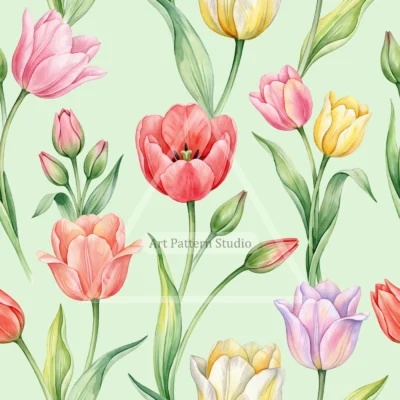 Multicolor watercolor tulips with green leaves on a mint green background, seamless floral pattern