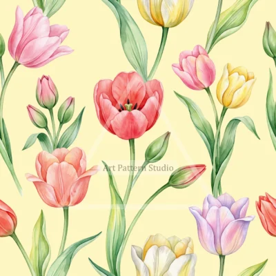 Multicolor watercolor tulips with green leaves on a pale yellow background, seamless floral pattern