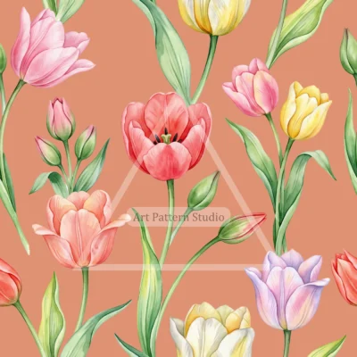 Multicolor watercolor tulips with green leaves on a terracotta background, seamless floral pattern
