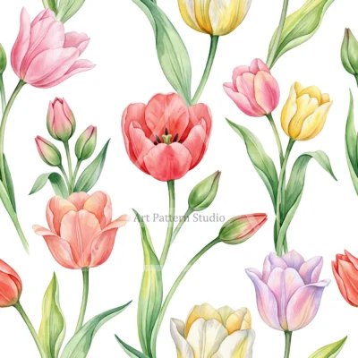 Multicolor watercolor tulips with green leaves on a white background, seamless floral pattern
