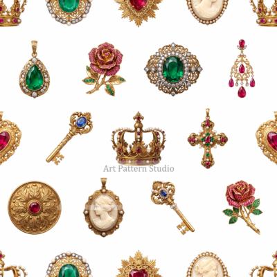 Ornate gold jewelry motifs on a white background, seamless fashion textile pattern by Art Pattern Studio